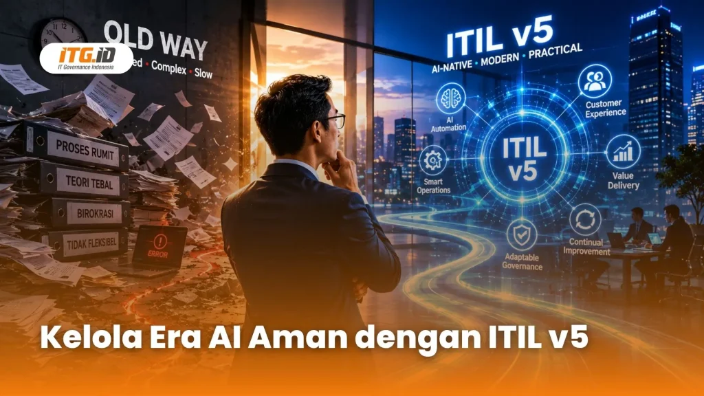 Ilustrasi transformasi manajemen IT ke ITIL v5 di era AI