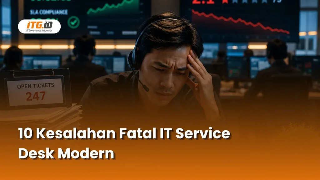 Ilustrasi staf IT service desk modern yang menghadapi keluhan pengguna