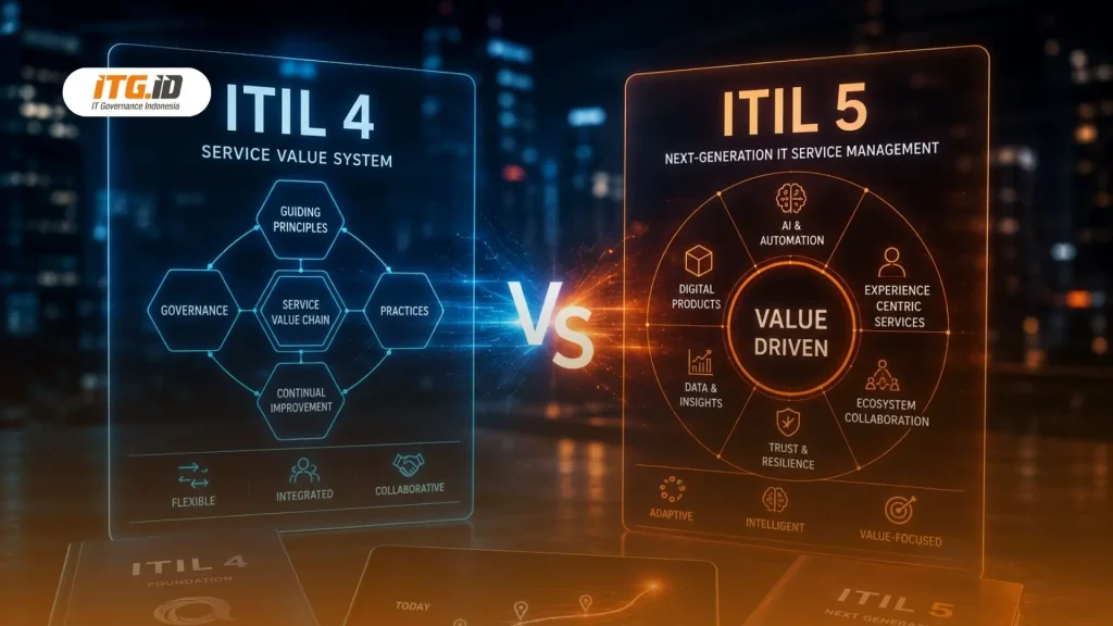 Ilustrasi perbedaan fokus framework ITIL Version 5 vs ITIL 4